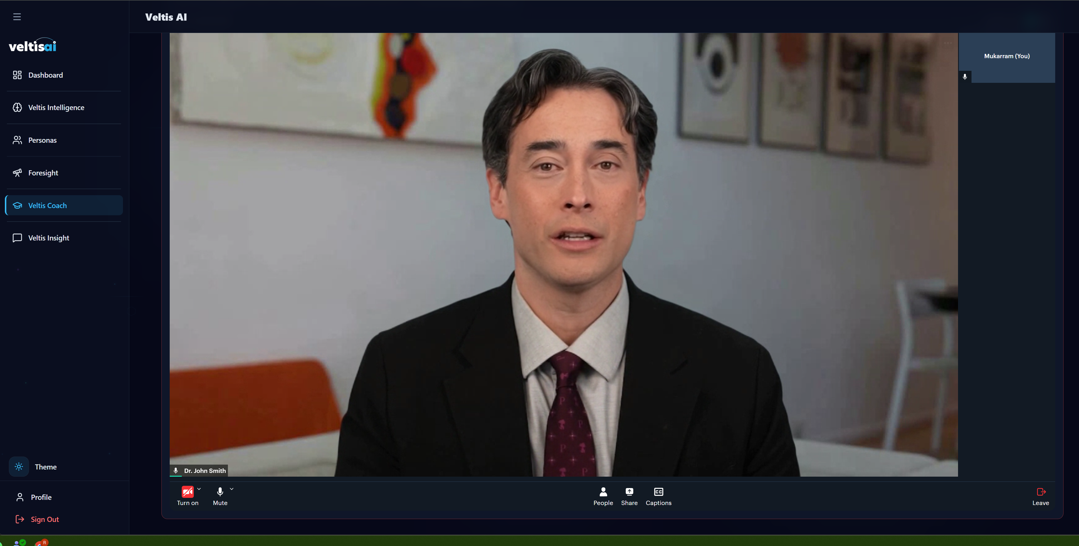 Veltis Coach practice call: the rep sees the AI physician persona on a video call with microphone, captions and leave controls